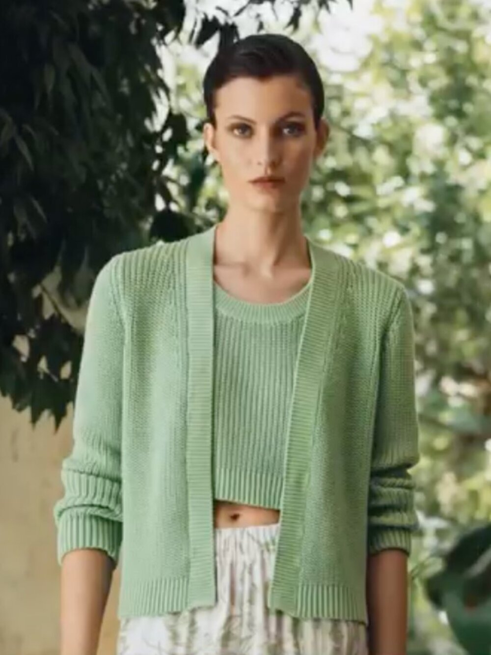 Amina Rubinacci Sweater Set Cardigan Tank Top Womens 42 Medium Green Cotton Knit